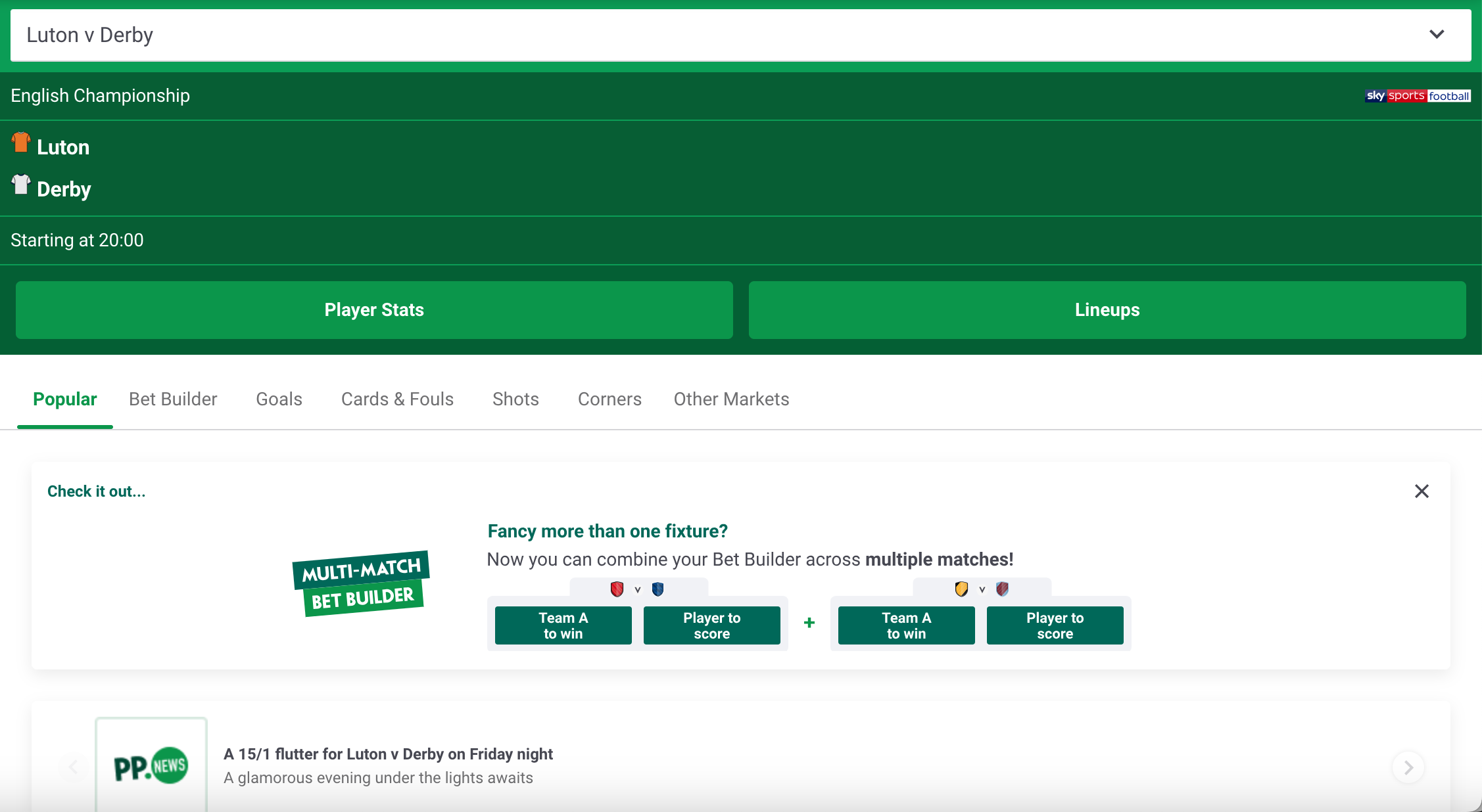 Paddy Power event page for a Luton v Derby football match, with only performance stats and promotions shown until you scroll down